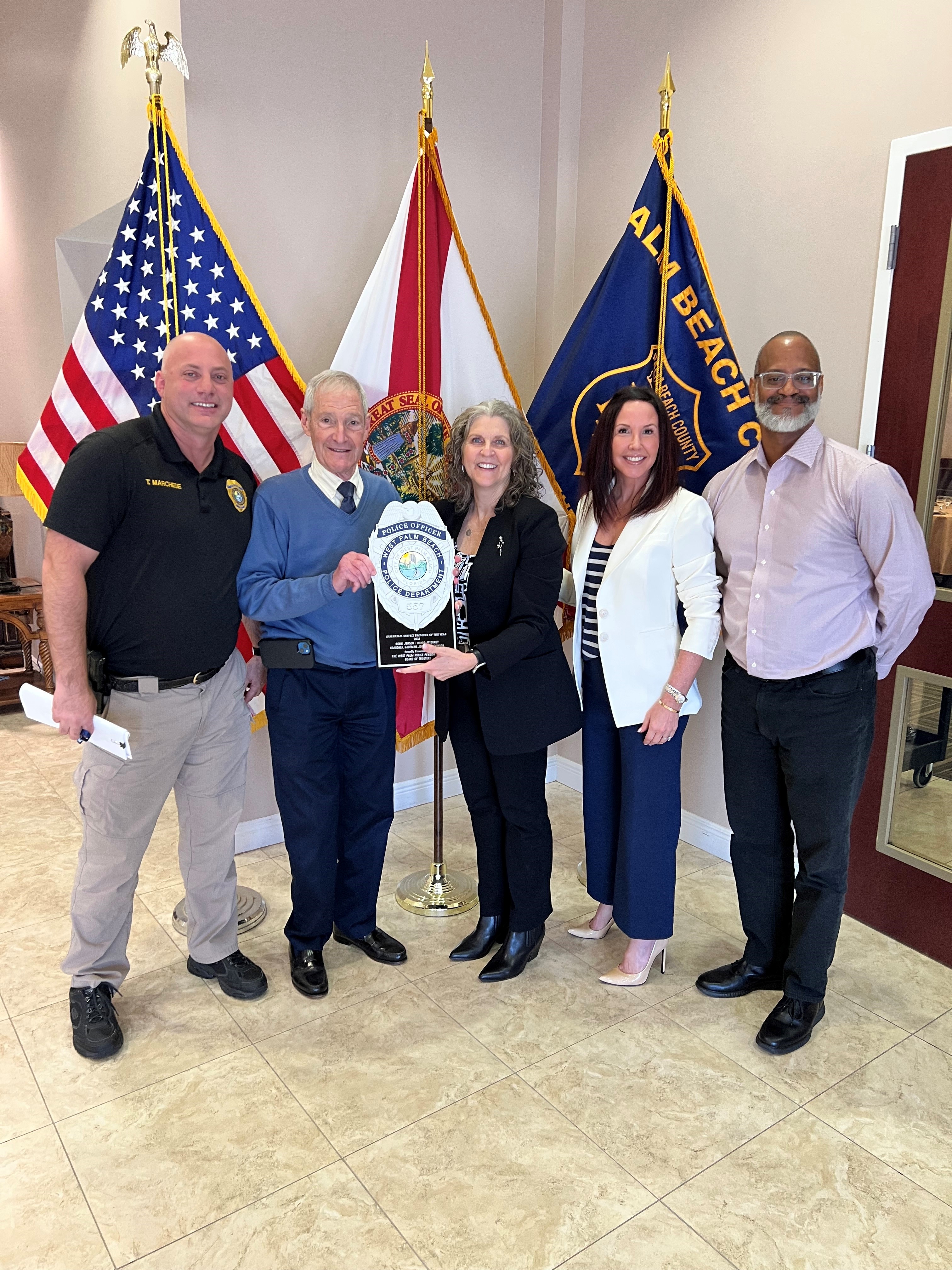 February 23rd, 2024: The Board of Trustees, unanimously selected Mrs. Bonni Jensen, Board Attorney from Kalusner, Kaufman, Jensen and Levinson as its inaugural service provider of the year for 2024. Pictured L-R: Troy Marchese, Board Secretary, Jonathan 